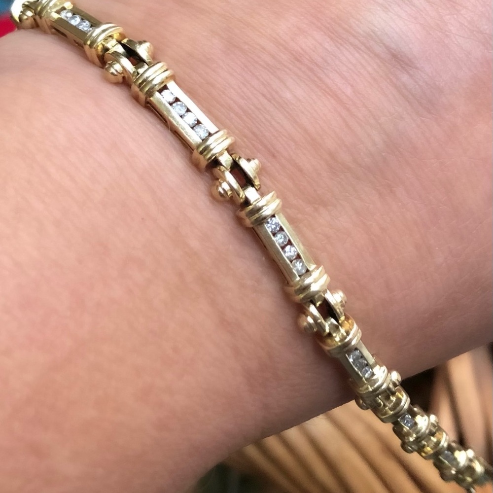 Fine 14k Yellow White Gold 1.00 Ct Diamond Channel Set Bar Link Bracelet 7”